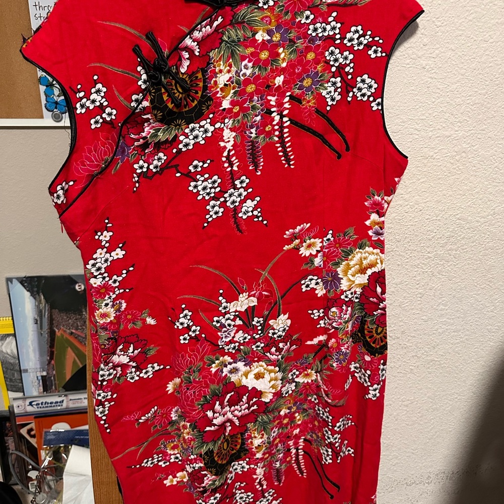 Lotus Village Women’s Qipao Floral Red Sleeveless Dress